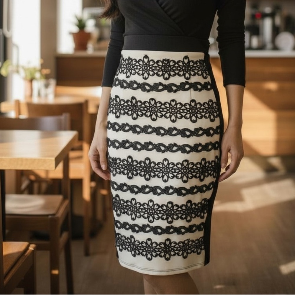 New!! Nikibiki Tan & Black Pencil Skirt with Lace - Picture 1 of 6